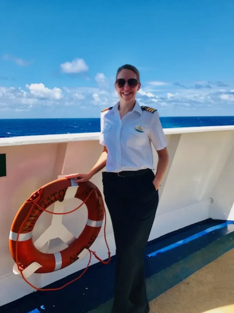 Dr Ellen Welch in senior ship’s doctor uniform on deck
